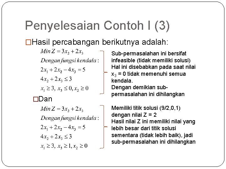 Penyelesaian Contoh I (3) �Hasil percabangan berikutnya adalah: �Dan Sub-permasalahan ini bersifat infeasible (tidak