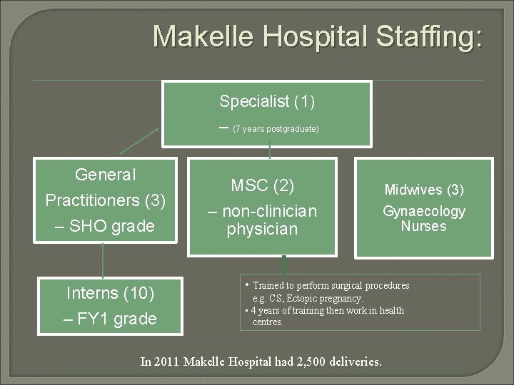 Makelle Hospital Staffing: Specialist (1) – (7 years postgraduate) General Practitioners (3) – SHO