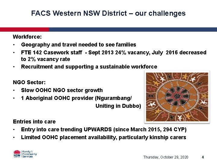 FACS Western NSW District – our challenges Workforce: • Geography and travel needed to