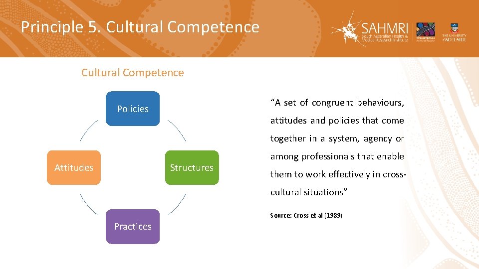 Principle 5. Cultural Competence “A set of congruent behaviours, Policies attitudes and policies that