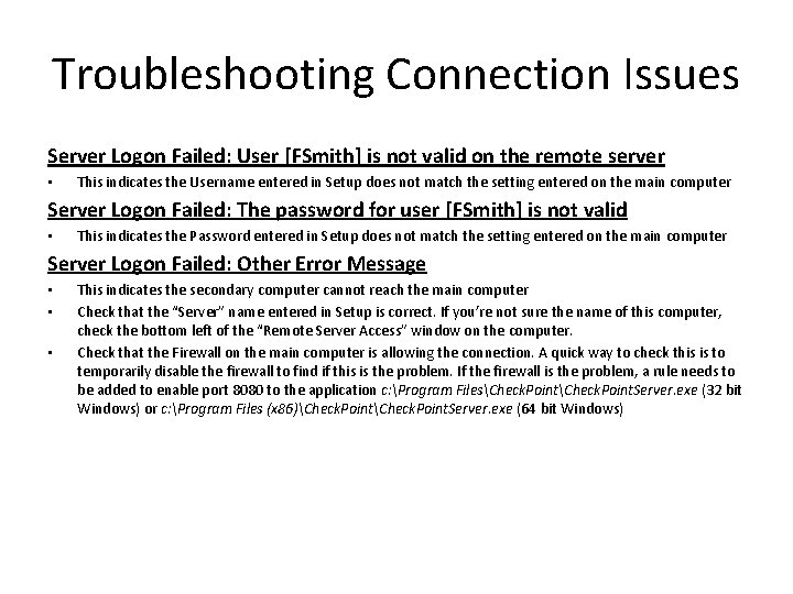 Troubleshooting Connection Issues Server Logon Failed: User [FSmith] is not valid on the remote