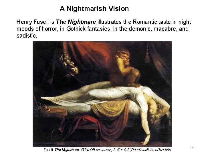 A Nightmarish Vision Henry Fuseli 's The Nightmare illustrates the Romantic taste in night A Nightmarish Vision Henry Fuseli 's The Nightmare illustrates the Romantic taste in night