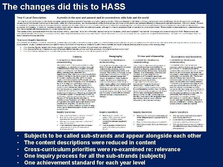 The changes did this to HASS • • • Subjects to be called sub-strands