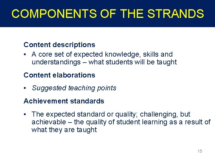COMPONENTS OF THE STRANDS Content descriptions • A core set of expected knowledge, skills