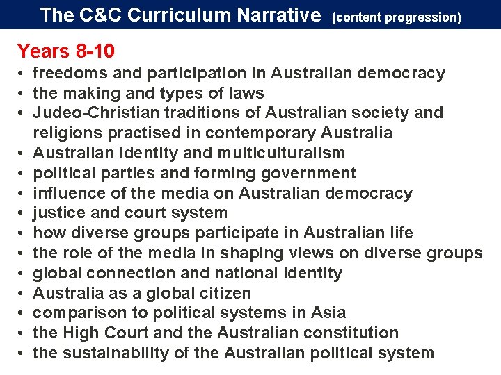 The C&C Curriculum Narrative (content progression) Years 8 -10 • freedoms and participation in