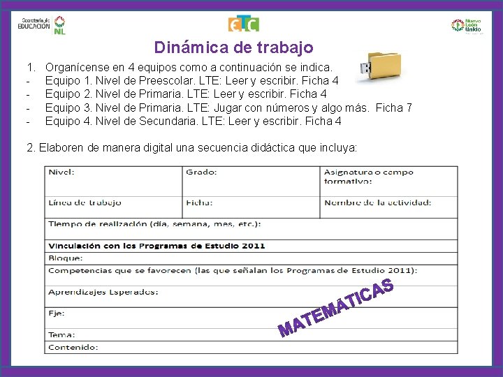 Dinámica de trabajo 1. - Organícense en 4 equipos como a continuación se indica.