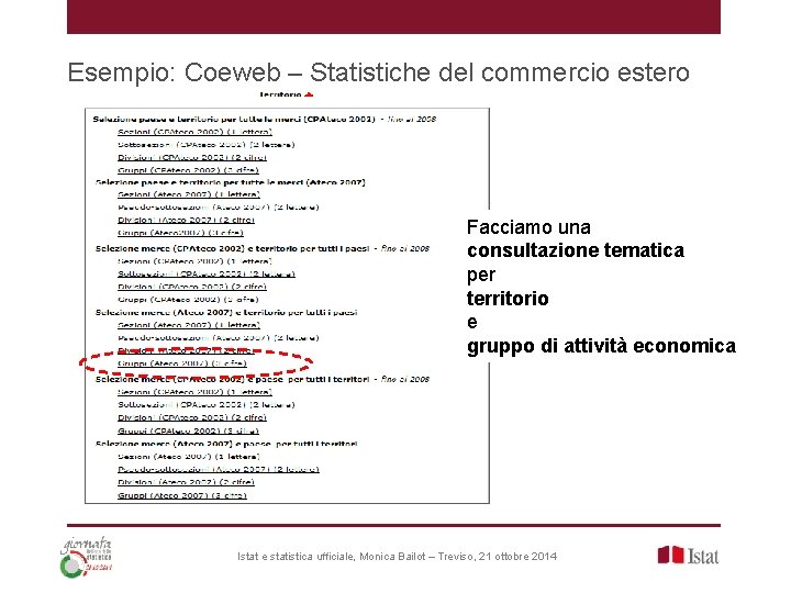 Esempio: Coeweb – Statistiche del commercio estero Facciamo una consultazione tematica per territorio e Esempio: Coeweb – Statistiche del commercio estero Facciamo una consultazione tematica per territorio e