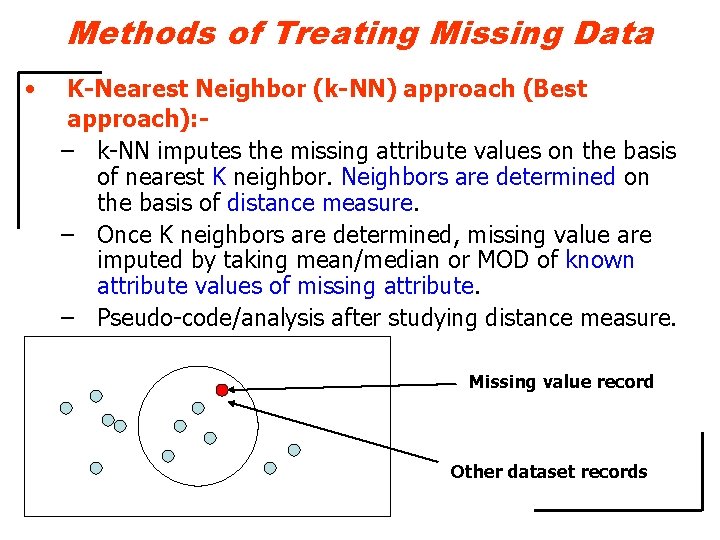 Methods of Treating Missing Data • K-Nearest Neighbor (k-NN) approach (Best approach): – k-NN