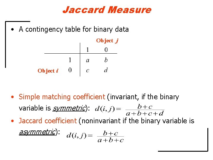 Jaccard Measure • A contingency table for binary data Object j Object i •