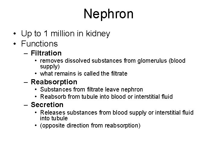 Nephron • Up to 1 million in kidney • Functions – Filtration • removes