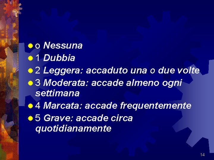 ®o Nessuna ® 1 Dubbia ® 2 Leggera: accaduto una o due volte ®