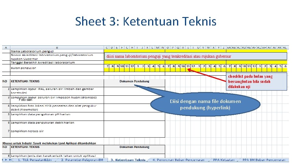 Sheet 3: Ketentuan Teknis diisi nama laboratorium penguji yang terakreditasi atau rujukan gubernur checklist