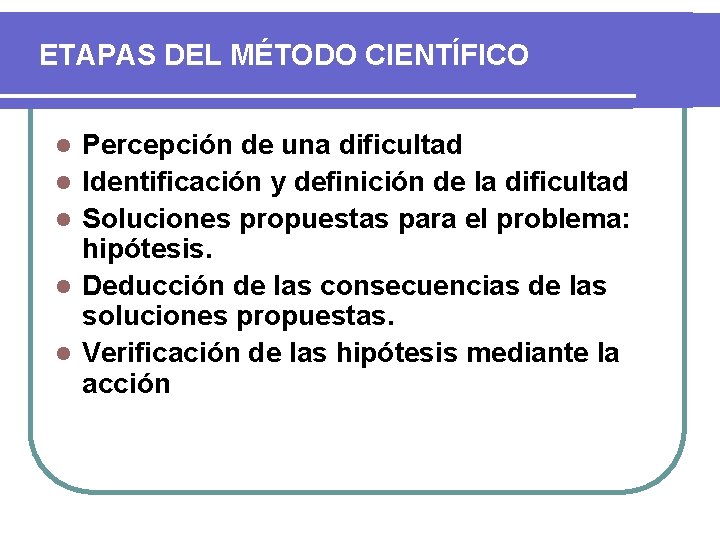 ETAPAS DEL MÉTODO CIENTÍFICO l l l Percepción de una dificultad Identificación y definición