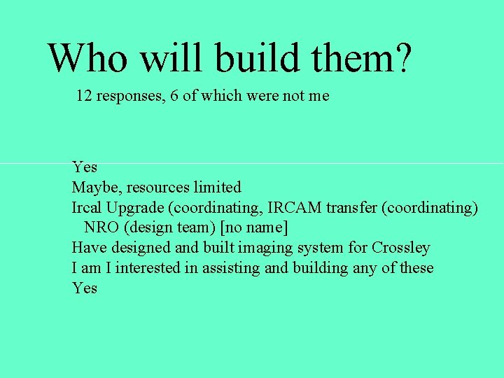 Who will build them? 12 responses, 6 of which were not me Yes Maybe,