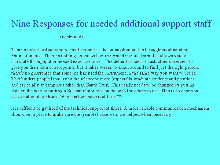 Nine Responses for needed additional support staff (continued) There exists an astoundingly small amount