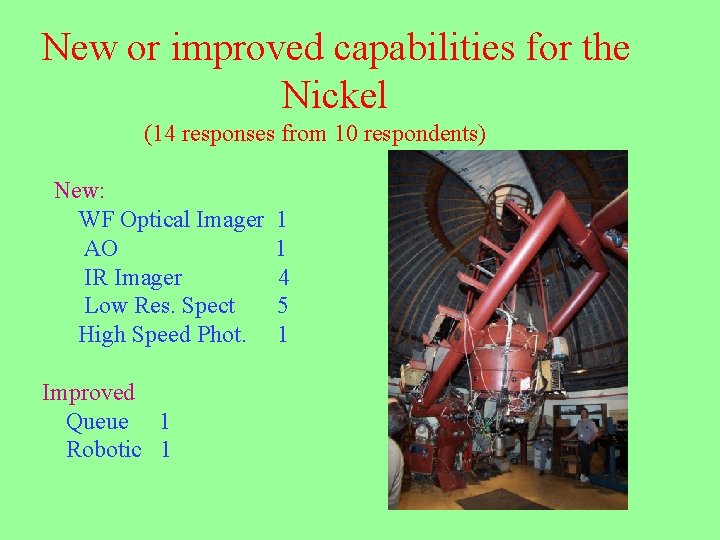 New or improved capabilities for the Nickel (14 responses from 10 respondents) New: WF