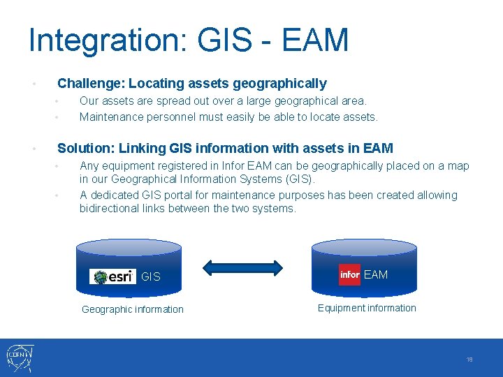 Integration: GIS - EAM • Challenge: Locating assets geographically • • • Our assets