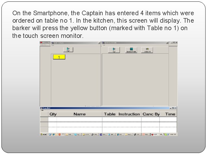 On the Smartphone, the Captain has entered 4 items which were ordered on table