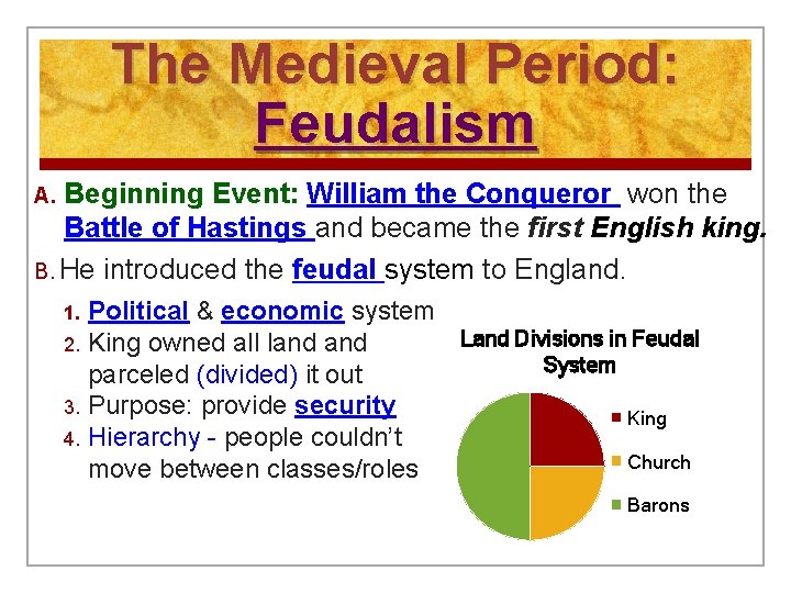 The Medieval Period: Feudalism Beginning Event: William the Conqueror won the Battle of Hastings