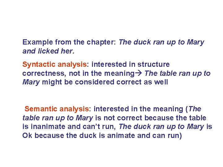 Example from the chapter: The duck ran up to Mary and licked her. Syntactic