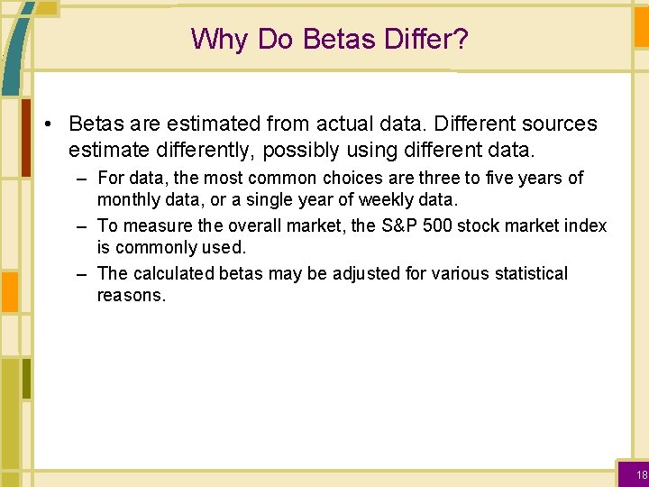 Why Do Betas Differ? • Betas are estimated from actual data. Different sources estimate