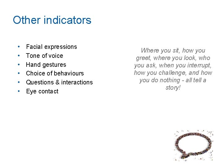 Other indicators • • • Facial expressions Tone of voice Hand gestures Choice of