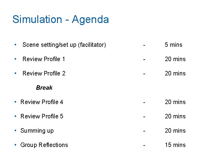 Simulation - Agenda • Scene setting/set up (facilitator) - 5 mins • Review Profile