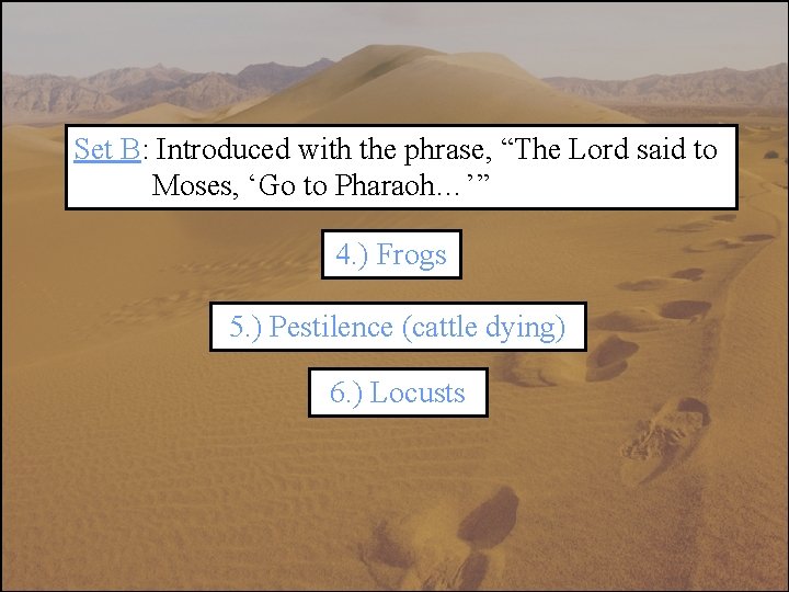 Set B: Introduced with the phrase, “The Lord said to Moses, ‘Go to Pharaoh…’”