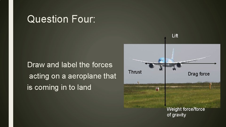 Question Four: Lift Draw and label the forces acting on a aeroplane that Thrust