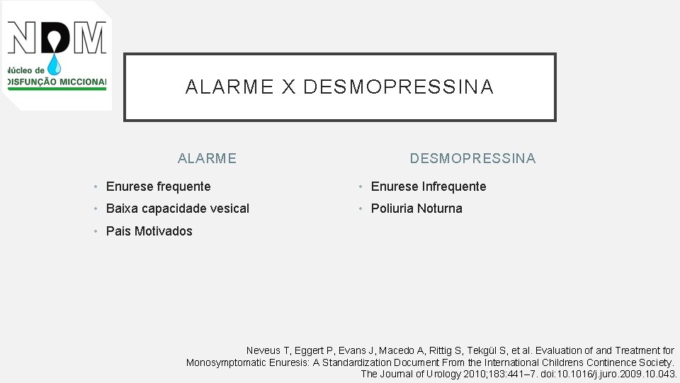 ALARME X DESMOPRESSINA ALARME DESMOPRESSINA • Enurese frequente • Enurese Infrequente • Baixa capacidade