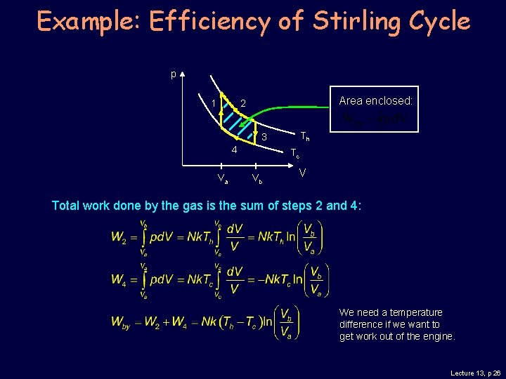 Example: Efficiency of Stirling Cycle p 1 Area enclosed: 2 Th 3 4 Va