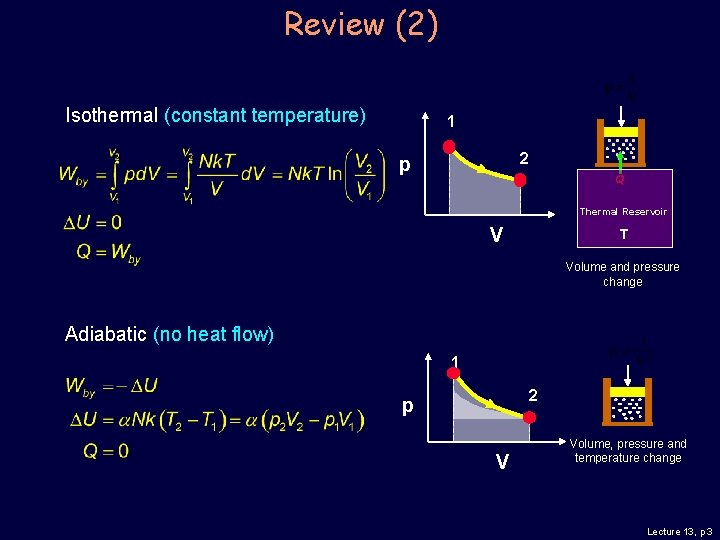 Review (2) Isothermal (constant temperature) 1 2 p Q Thermal Reservoir V T Volume