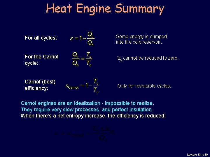 Heat Engine Summary For all cycles: Some energy is dumped into the cold reservoir.