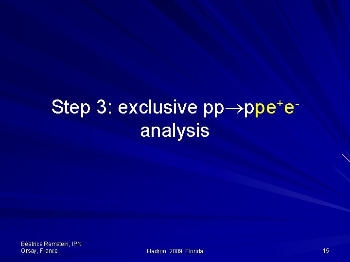 Step 3: exclusive pp ppe+e- analysis Béatrice Ramstein, IPN Orsay, France Hadron 2009, Florida