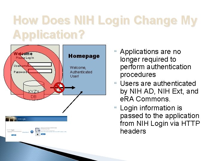 How Does NIH Login Change My Application? Welcome Please Log In Username Homepage Welcome,