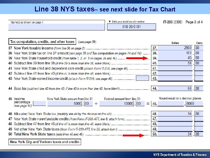Line 38 NYS taxes– see next slide for Tax Chart 