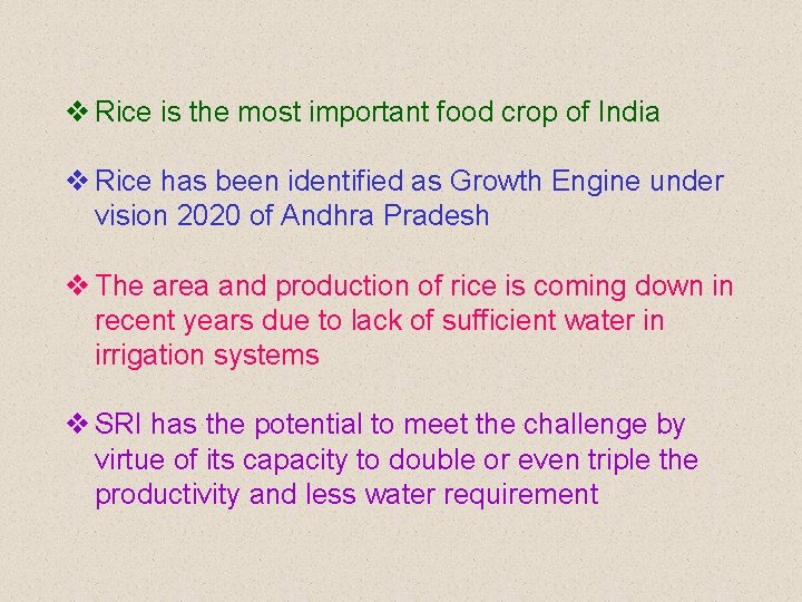 v Rice is the most important food crop of India v Rice has been
