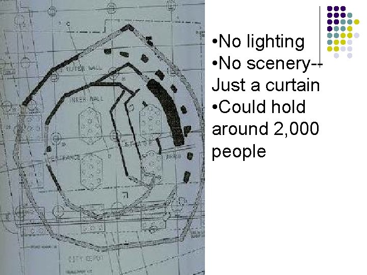 • No lighting • No scenery-Just a curtain • Could hold around 2, • No lighting • No scenery-Just a curtain • Could hold around 2,