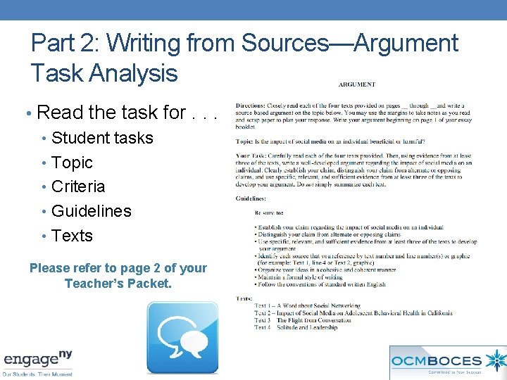 Part 2: Writing from Sources—Argument Task Analysis • Read the task for. . .