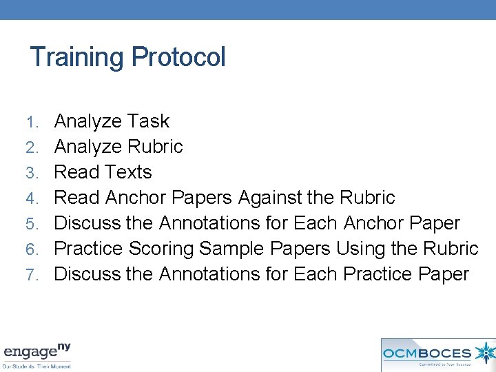 Training Protocol 1. Analyze Task 2. Analyze Rubric 3. Read Texts 4. Read Anchor