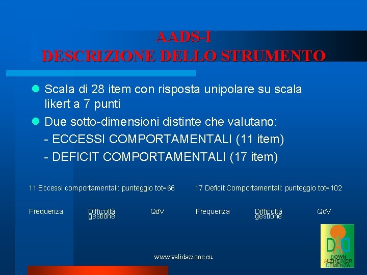 AADS-I DESCRIZIONE DELLO STRUMENTO Scala di 28 item con risposta unipolare su scala likert