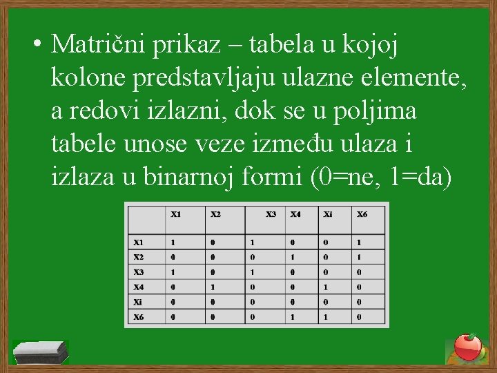  • Matrični prikaz – tabela u kojoj kolone predstavljaju ulazne elemente, a redovi