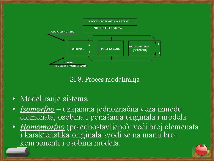 PROCES UPOZNAVANJA SISTEMA • DEFINISANJE SISTEMA Aspekt posmatranja 1 ORIGINAL 2 PRESLIKAVANJE MODEL SISTEMA