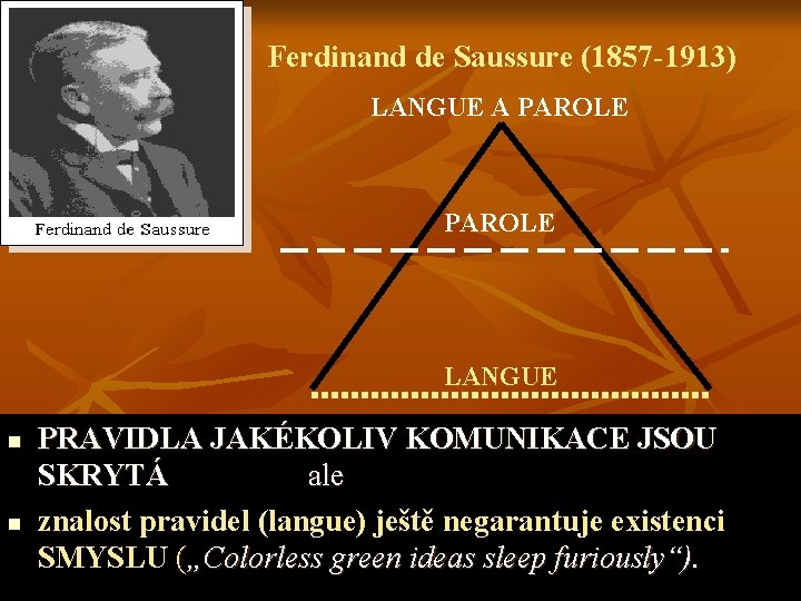  Ferdinand de Saussure (1857 -1913) LANGUE A PAROLE LANGUE n n PRAVIDLA JAKÉKOLIV