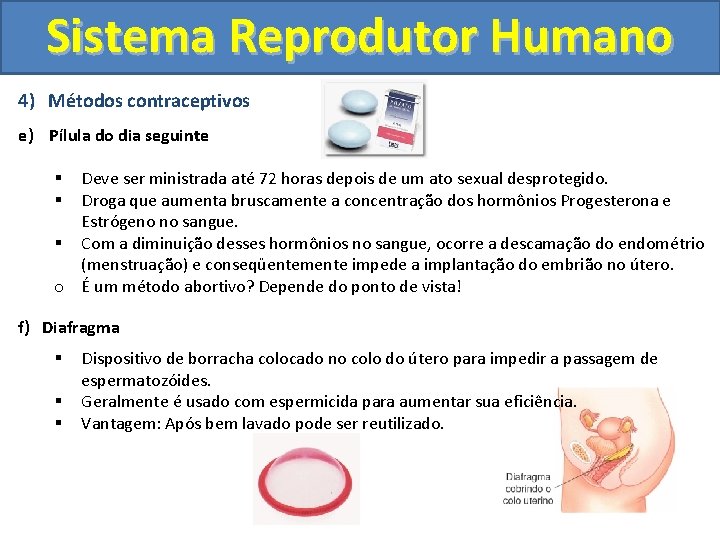 Sistema Reprodutor Humano 4) Métodos contraceptivos e) Pílula do dia seguinte Deve ser ministrada