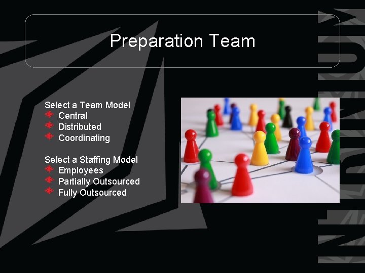 Preparation Team Select a Team Model Central Distributed Coordinating Select a Staffing Model Employees