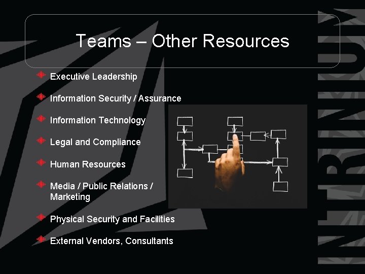 Teams – Other Resources Executive Leadership Information Security / Assurance Information Technology Legal and