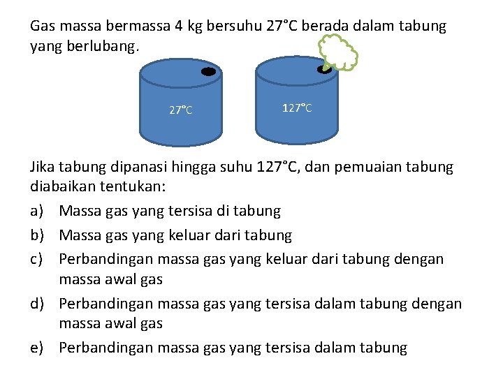 Gas massa bermassa 4 kg bersuhu 27°C berada dalam tabung yang berlubang. 27°C 127°C