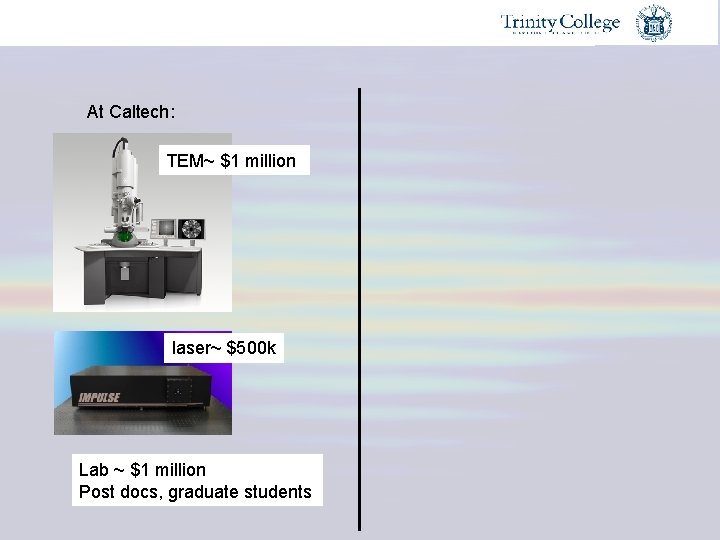 At Caltech: TEM~ $1 million laser~ $500 k Lab ~ $1 million Post docs,