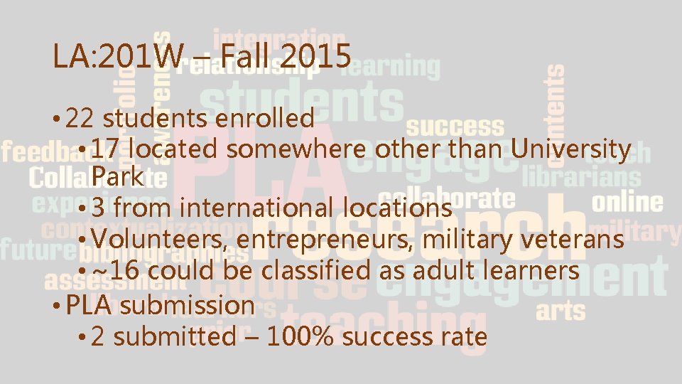 LA: 201 W – Fall 2015 • 22 students enrolled • 17 located somewhere LA: 201 W – Fall 2015 • 22 students enrolled • 17 located somewhere